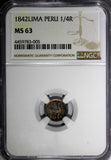 PERU Silver 1842 LIMA 1/4 Real NGC MS63 RAINBOW TONED TOP GRADED BY NGC KM#143.1