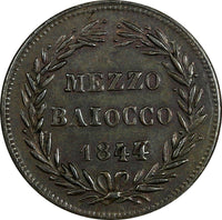 Italy PAPAL STATES Mezzo 1844/3 1/2 Baiocco OVERDATE UNLISTED SCARCE KM# 1319(7)
