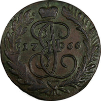 Russia 1766 MM 2 Kopecks Struck Over 4 Kopecks Krasny Mint, Moscow ch.VF C# 58.5