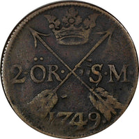 Sweden Fredrik I Copper 1749 2 Ore, S.M.Silvermynt Mintage-313,000  KM# 437