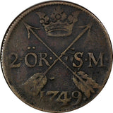 Sweden Fredrik I Copper 1749 2 Ore, S.M.Silvermynt Mintage-313,000  KM# 437