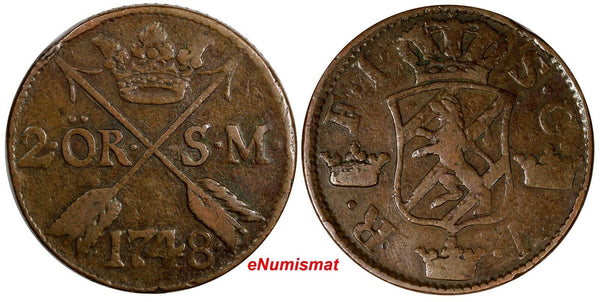 Sweden Frederick I 1748 2 Ore, S.M.Avesta Mint.Mintage-461,000 KM# 437 (14 596)