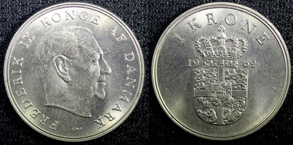 Denmark Frederik IX Copper-Nickel 1962 1 Krone UNC KM# 851.1 (23 101)