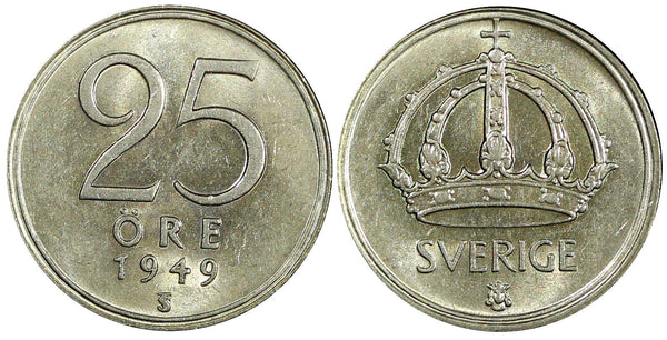Sweden Gustaf V Silver 1943 G 25 Öre 1stYear Type GEM BU COIN KM# 816 (22 029)