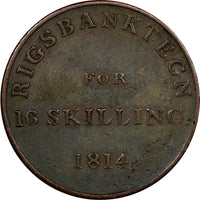 Denmark Frederik VI Copper 1814 16 Skilling 1 YEAR TYPE Token Coinage KM# Tn3