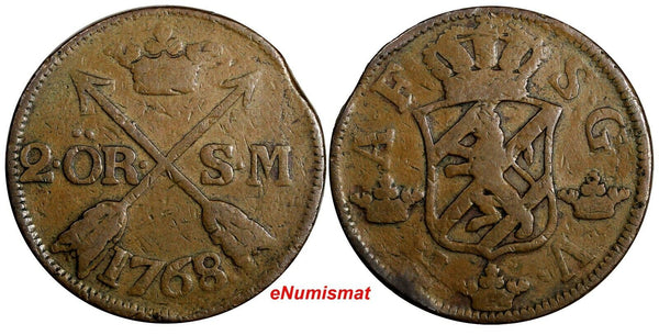 Sweden Adolf Frederick Copper 1768 2 Ore, S.M.Low Mintage-168,000 KM# 461(15229)