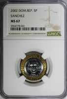 Dominican Republic Sánchez 2002 5 Pesos Magnetic NGC MS67 TOP GRADED KM# 89 (1)