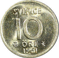 Sweden Gustaf VI SILVER 1961 10 Öre Light Toned UNC KM# 823 (22 103)