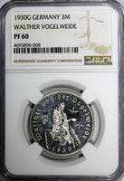 Germany Silver PROOF 1930 G 3 Mark NGC PF60 Death Von Der Vogelweide KM69(008)