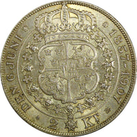 SWEDEN Oscar II Silver 1907 EB 2 Kronor Golden Wedding Anniversary KM# 776 (125)