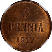 Finland Russian Tsar Nicolas II (1895-1917) 1917 5 Pennia NGC UNC DET. KM#15 (3)