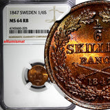 SWEDEN Oscar I Copper 1847 1/6 Skilling NGC MS64 RB NICE BU COIN KM# 656 (205)