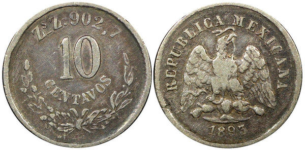 Mexico SECOND REPUBLIC Silver 1893 Zs Z 10 Centavos Zacatecas KM#403.10 (381)
