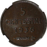 San Marino Bronze 1936 R 5 Centesimi NGC MS64 BN Mintage-400,000 KM# 12 (242)