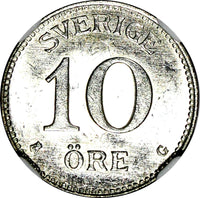 SWEDEN Gustaf V Silver 1929 G 10 Ore NGC MS64 KM#780