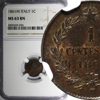 ITALY Vittorio Emanuele II Copper 1861 M Centesimo NGC MS63 BN KM# 1.1 (036)