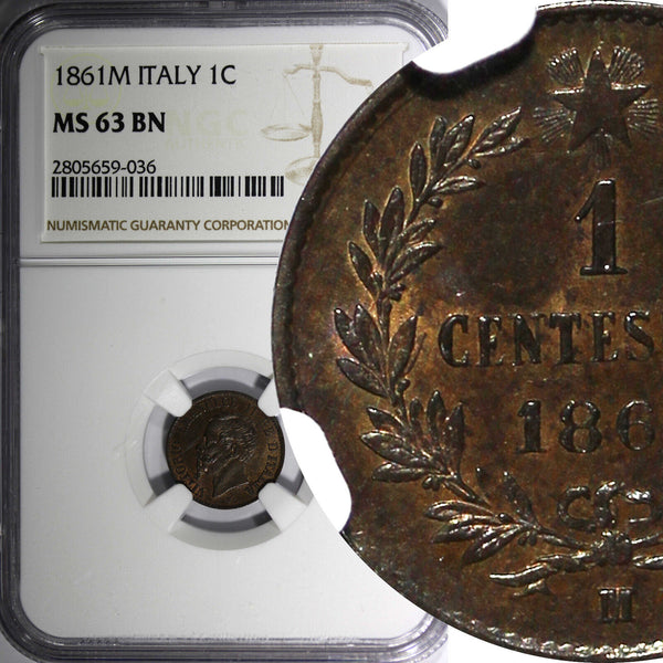 ITALY Vittorio Emanuele II Copper 1861 M Centesimo NGC MS63 BN KM# 1.1 (036)