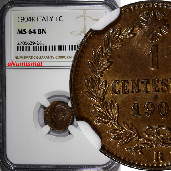 Italy Vittorio Emanuele III Bronze 1904 R 1 Centesimo NGC MS64 BN KM# 35 (241)