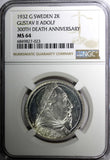 SWEDEN Silver 1932 G 2 Kronor NGC MS64 Death of Gustaf II Adolf BU KM# 805 (23)