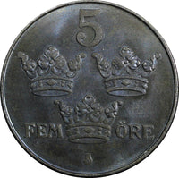 Sweden Gustaf V Iron 1943 5 Öre WWII Issue GEM BU Coin KM# 812 (21 939)