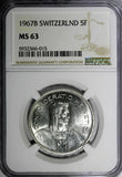 Switzerland Silver 1967 B 5 Francs 31.45 mm NGC MS63 GEM BU KM# 40 (015)