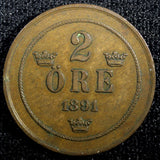 Sweden Oscar II Copper 1891 2 Ore  KM# 746   (23 133)