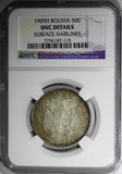 Bolivia Silver 1909 H 50 Centavos, 1/2 Boliviano NGC UNC DETAILS SCARCE  KM# 177