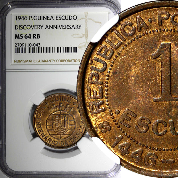 Guinea-Bissau Bronze 1946 Escudo NGC MS64 RB Discovery Anniversary KM# 7  (043)