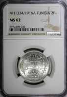 Tunisia Muhammad V Silver AH1334 (1916) A 2 Francs NGC MS62 GEM BU KM# 239 (36)