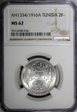 Tunisia Muhammad V Silver AH1334 (1916) A 2 Francs NGC MS62 GEM BU KM# 239 (36)