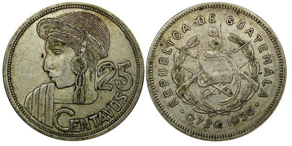 Guatemala Silver 1956 25 Centavos Mintage-342,000 27mm KM# 258 (22 575)