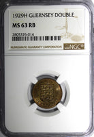 Guernsey Bronze 1929 H Double NGC MS63 RB RED TONING  KM# 11 (014)