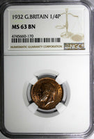 Great Britain George V (1910-1936) Bronze 1932 Farthing NGC MS63 BN KM# 825