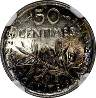 FRANCE Silver 1918 50 Centimes NGC MS62  NICE TONED KM# 854 (133)