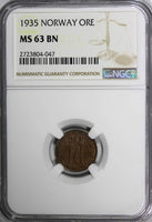 NORWAY Haakon VII Bronze 1935 1 ORE NGC MS63 BN ONLY 1 Coin GRADED HIGHER KM#367