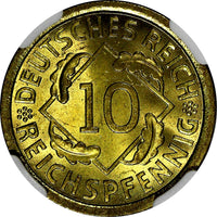 Germany - Weimar Republic 1929 A 10 Reichspfennig NGC MS66  GEM BU KM# 40 (28)