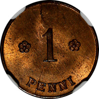 Finland Copper 1923 1 Penni NGC MS64 RB TOP GRADED BY NGC KM# 23 (046)