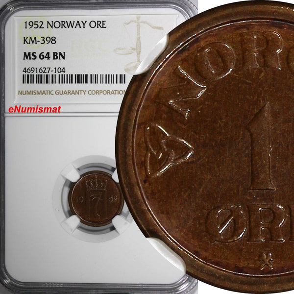 Norway Haakon VII Bronze 1952 1 Ore NGC MS64 BN TOP GRADED BY NGC KM# 398 (104)