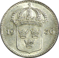 SWEDEN Gustaf V Silver 1936 G 10 Öre Long"6" UNC KM# 780 (22 140)