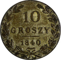 Poland Nicholas I Silver 1840 MW 10 Groszy Warszawa mint  XF  C# 113a (14 782)