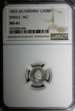 Sweden Oscar I Silver 1853 AG 1/32 Riksdaler NGC MS61 SMALL "AG" KM# 681