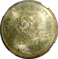 Mexico  Silver 1950 Mo 5 Pesos NGC MS64 Southeastern Railroad KM# 466 (005)