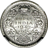 India-British George VI Silver 1942 (C) 1/4 Rupee NGC AU58 2 YEAR TYPE KM#546(1)