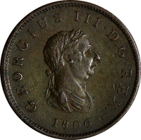 Great Britain George III Copper 1806 1/2 Penny 28.7 mm XF  KM# 662 (19 838)
