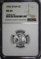Spain Aluminum 1945 5 Centimos NGC MS65 WWII Issue 1 COIN GRADED HIGHEST KM# 765