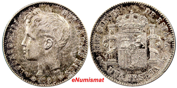 Spain Alfonso XIII SILVER 1901 (01) SM-V Peseta Light Toning Nice  KM# 706 (10)