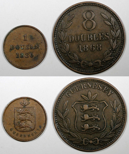 Guernsey LOT OF 2 Copper Coins 1830 ,1868 8 Doubles ,1 Double KM# 1 KM# 7 (598)