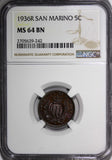 San Marino Bronze 1936 R 5 Centesimi NGC MS64 BN Mintage-400,000 KM# 12 (242)
