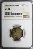 Mexico SECOND REPUBLIC Silver 1900 MO M 20 Centavos NGC MS62 Toned KM# 405.2