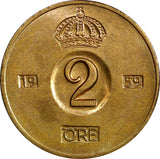 Sweden Gustaf VI Bronze 1959 2 Öre GEM BU Random Pick (1 Coin) KM# 821 (936)